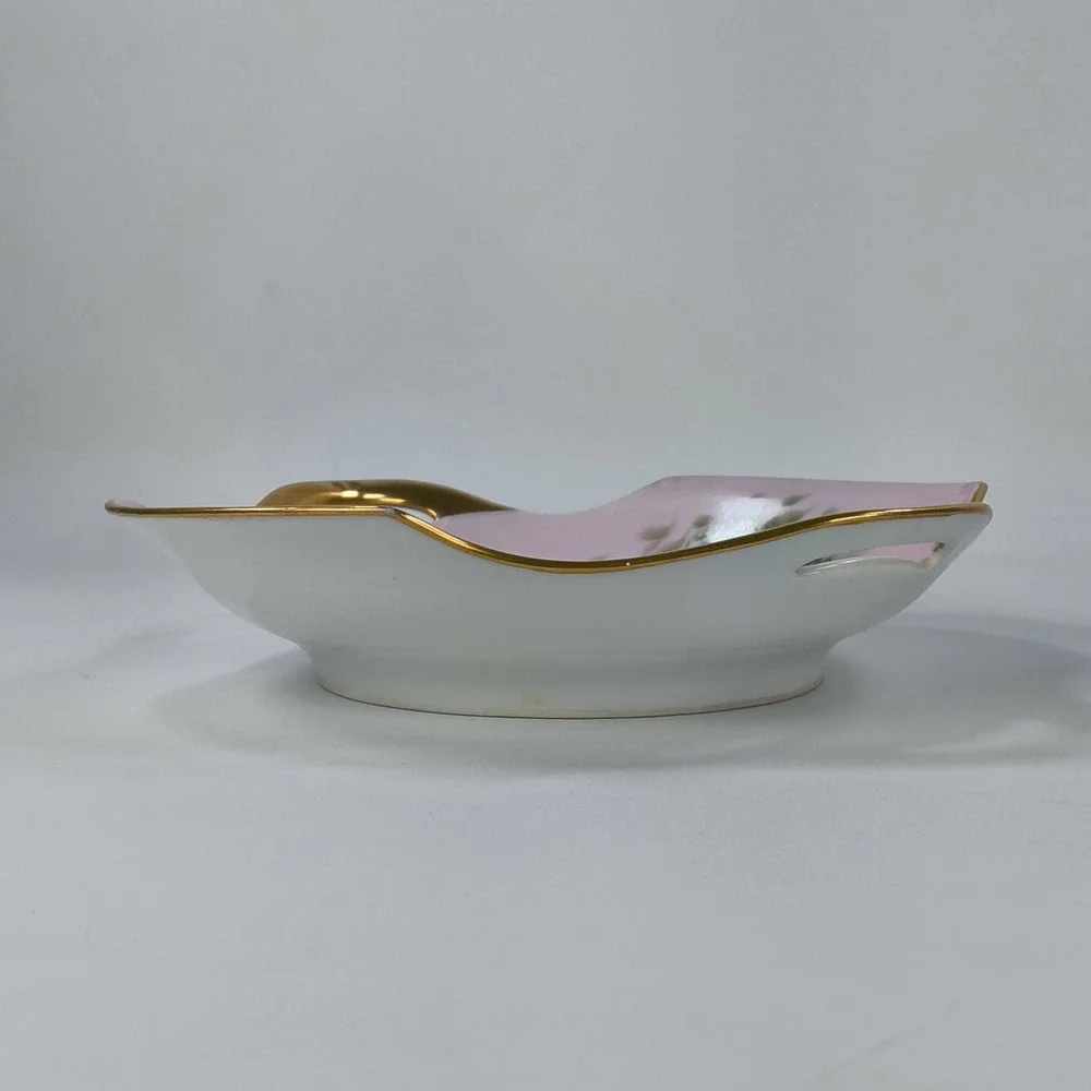 Vintage Japan Porcelain Hand Painted Pink Rose Bonbon Dish Gold Gilt Handles